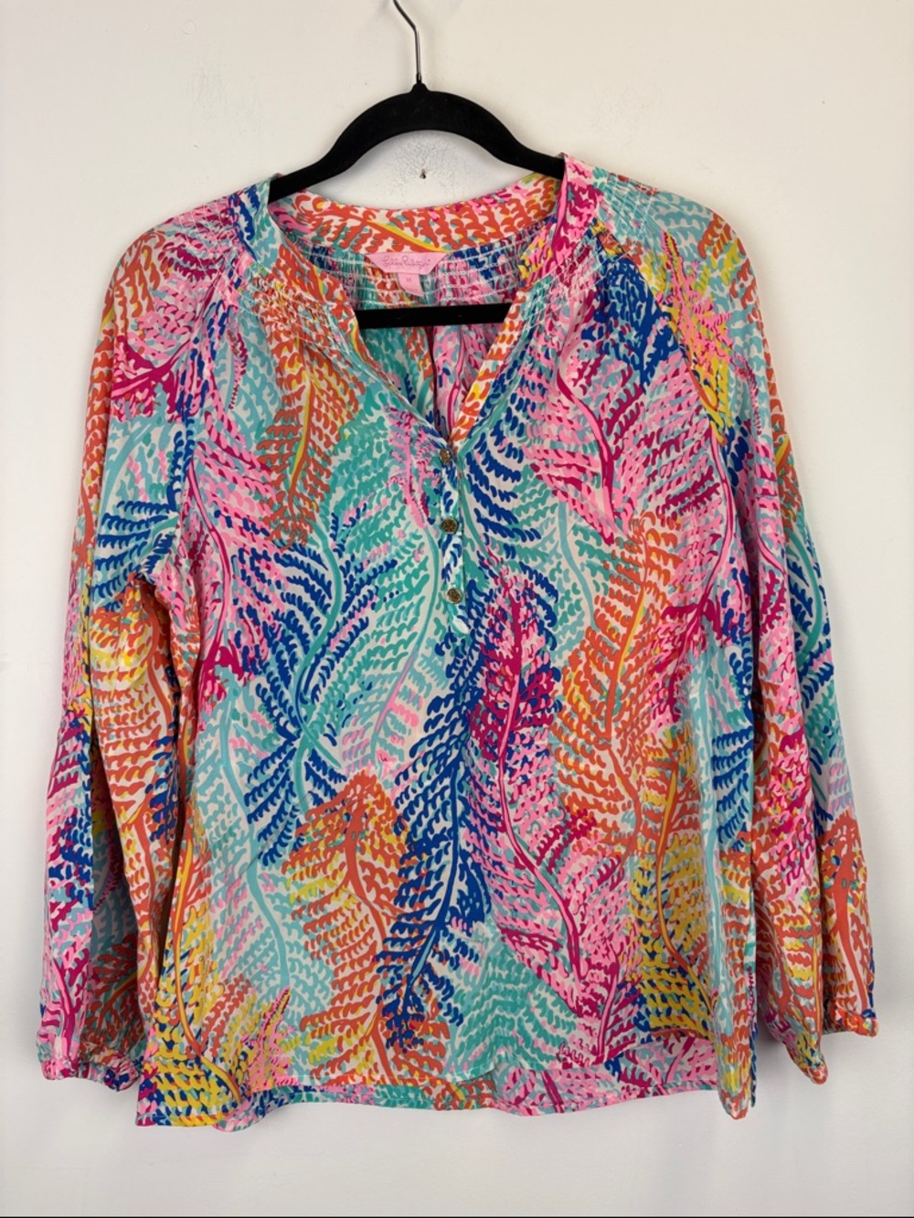 Lilly Pulitzer Popover Electric Feel 100% Silk Long Sleeve Elsa Blouse Medium